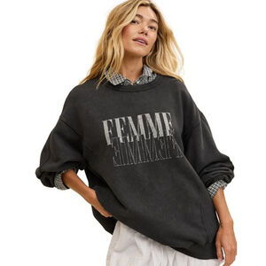 Aerie Trés Chic Charcoal Femme Graphic Oversized Grey Rib Detail Sweatshirt